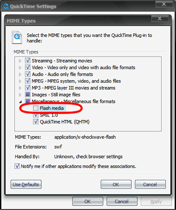 Screenshot of QuickTime control panel